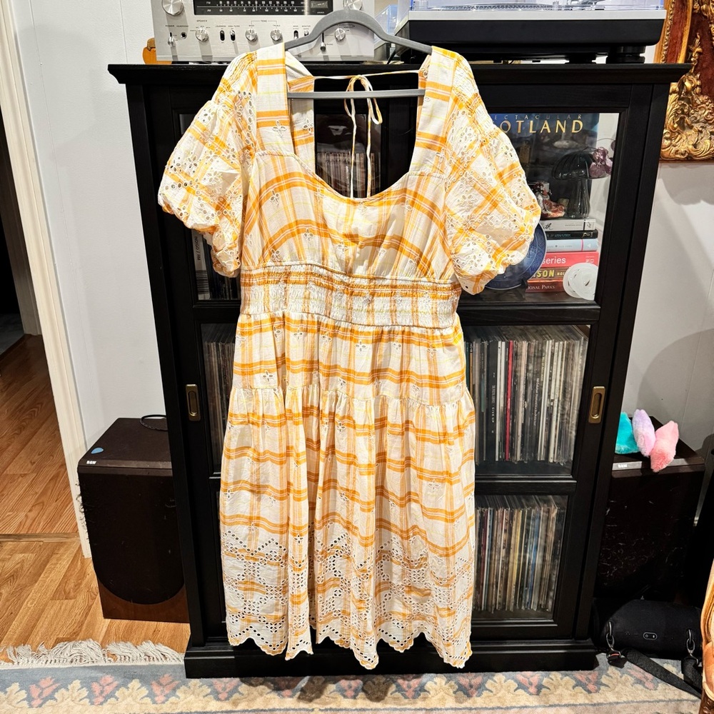 Anthropologie Yellow and White Plaid Eyelet Midi Dress
